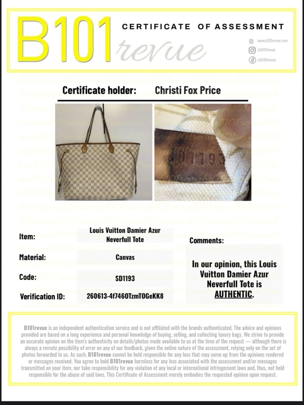 Authentic Louis Vuitton Damier Azur Neverfull GM with COA - Picture 14 of 14